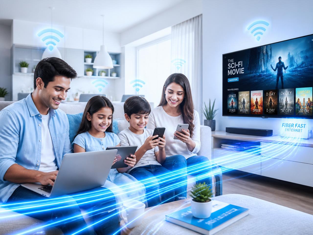 Família usando internet de alta velocidade em casa